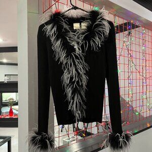 Von Saken Black Cardigan Sweater with Ostrich Feather Collar and Cuffs Sz Small